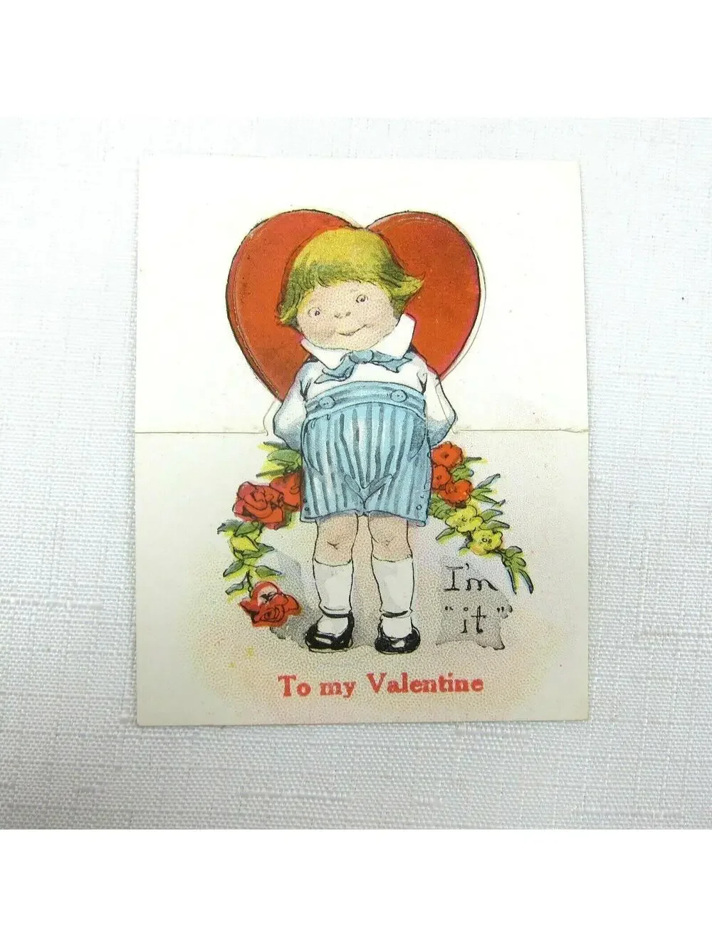 Vintage Valentine Cutout Card Stand Up Blonde Boy w/ Flowers 1920s-30s UNSIGNED
